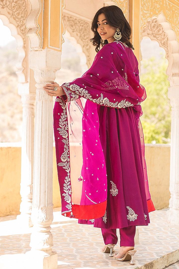 Magenta Banarasi Chanderi Zardosi Work Wedding Anarkali Set by SURBHI SHAH at Pernia's Pop Up Shop