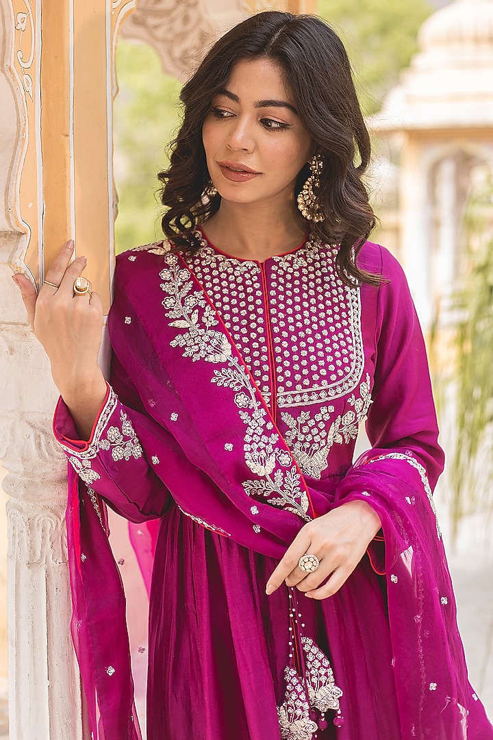 Magenta Banarasi Chanderi Zardosi Work Wedding Anarkali Set by SURBHI SHAH at Pernia's Pop Up Shop