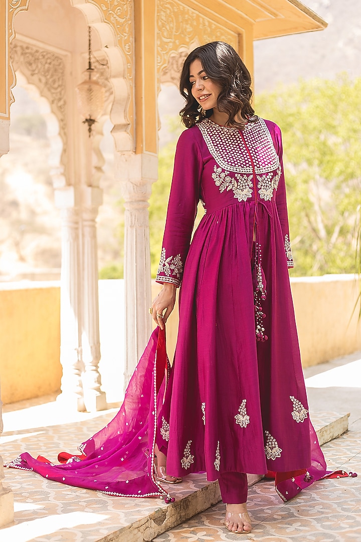 Magenta Banarasi Chanderi Zardosi Work Wedding Anarkali Set by SURBHI SHAH at Pernia's Pop Up Shop