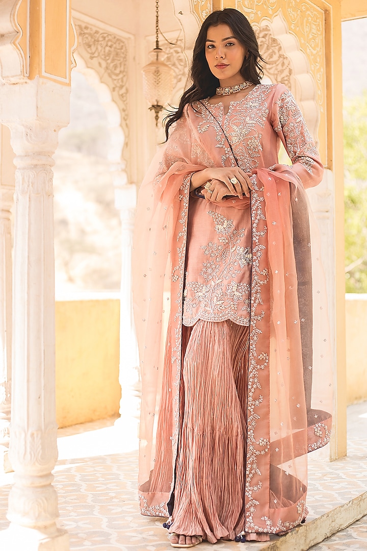 Old Rose Pure Banarasi Chanderi Sharara Set by SURBHI SHAH at Pernia's Pop Up Shop