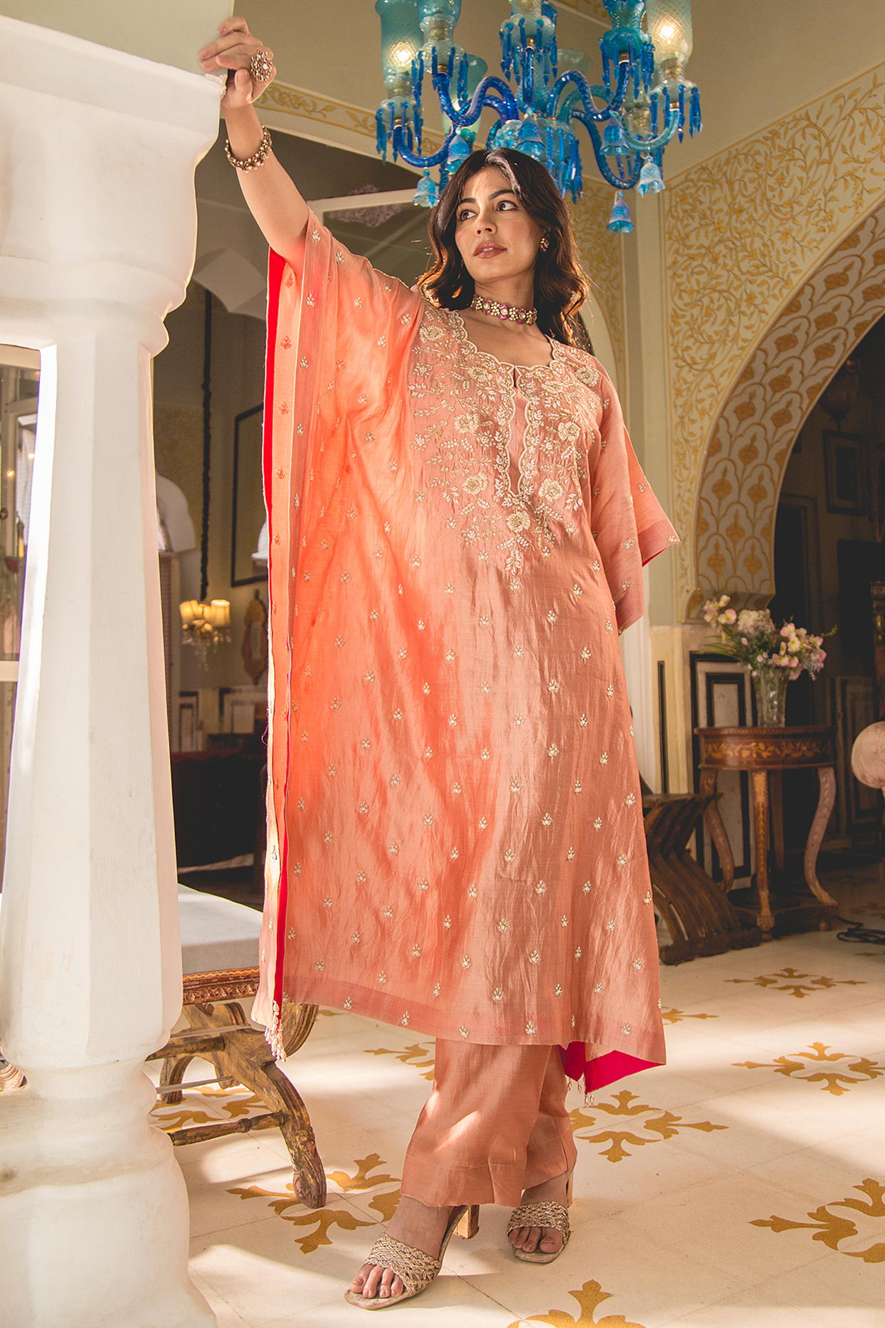Old Rose Pure Spun Silk Pearl Work Kaftan Set by SURBHI SHAH at Pernia's Pop Up Shop