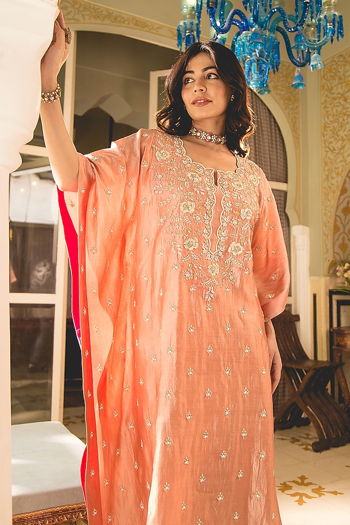 Old Rose Pure Spun Silk Pearl Work Kaftan Set by SURBHI SHAH at Pernia's Pop Up Shop