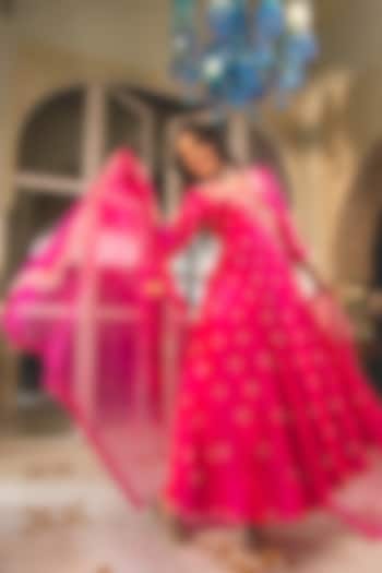 Hot Pink Pure Spun Silk Pearl Work Angrakha Kurta Set by SURBHI SHAH at Pernia's Pop Up Shop