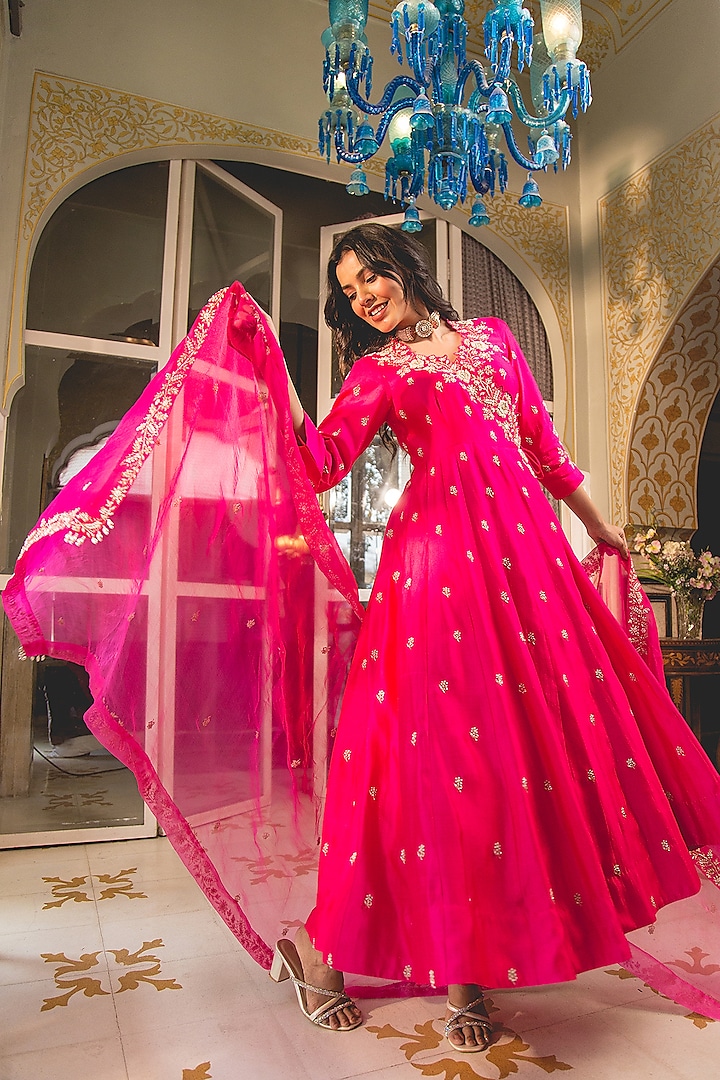 Hot Pink Pure Spun Silk Pearl Work Angrakha Kurta Set by SURBHI SHAH at Pernia's Pop Up Shop