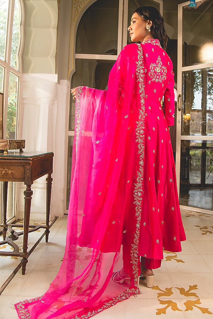 Hot Pink Pure Spun Silk Pearl Work Angrakha Kurta Set by SURBHI SHAH at Pernia's Pop Up Shop