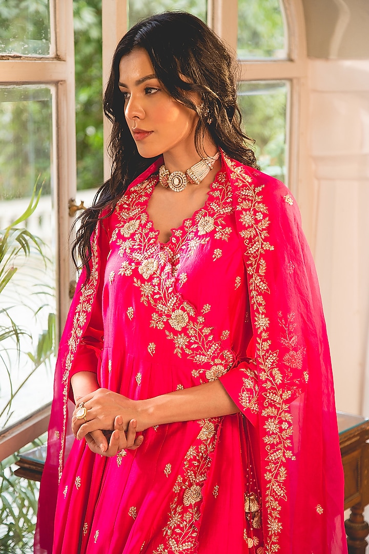 Hot Pink Pure Spun Silk Pearl Work Angrakha Kurta Set by SURBHI SHAH at Pernia's Pop Up Shop