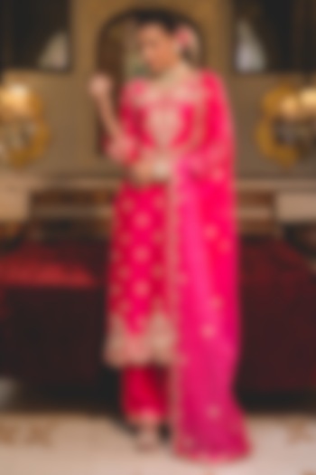 Hot Pink Pure Spun Silk Pearl Work Kurta Set by SURBHI SHAH at Pernia's Pop Up Shop
