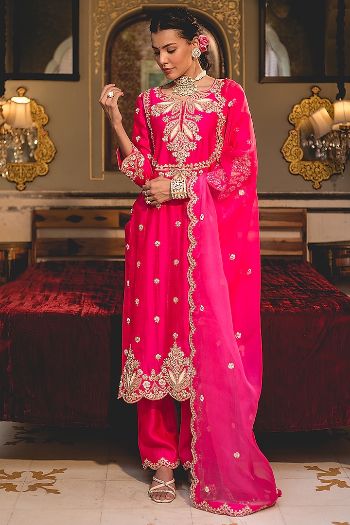 Hot Pink Pure Spun Silk Pearl Work Kurta Set by SURBHI SHAH at Pernia's Pop Up Shop