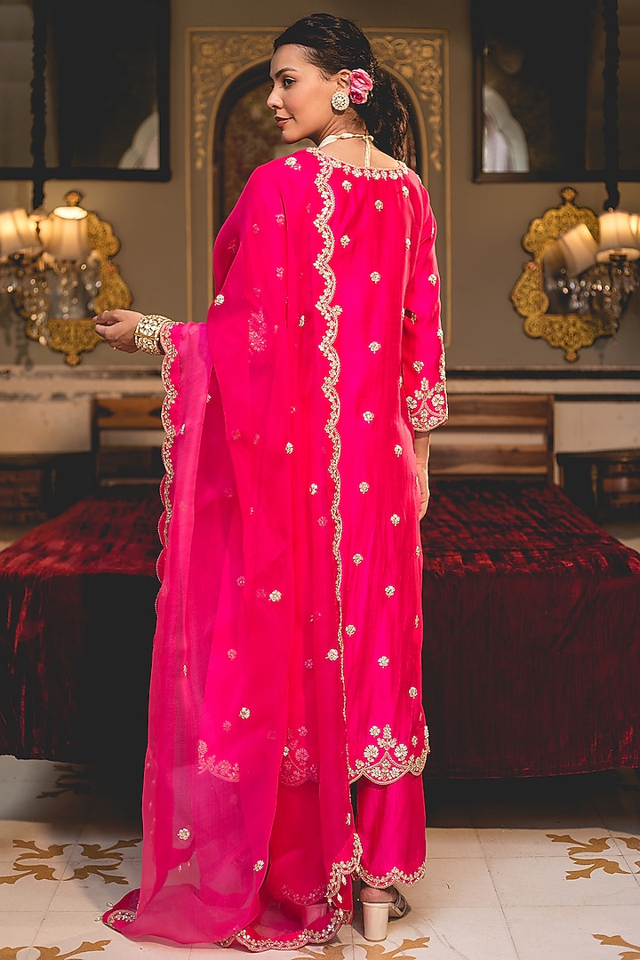 Hot Pink Pure Spun Silk Pearl Work Kurta Set by SURBHI SHAH at Pernia's Pop Up Shop