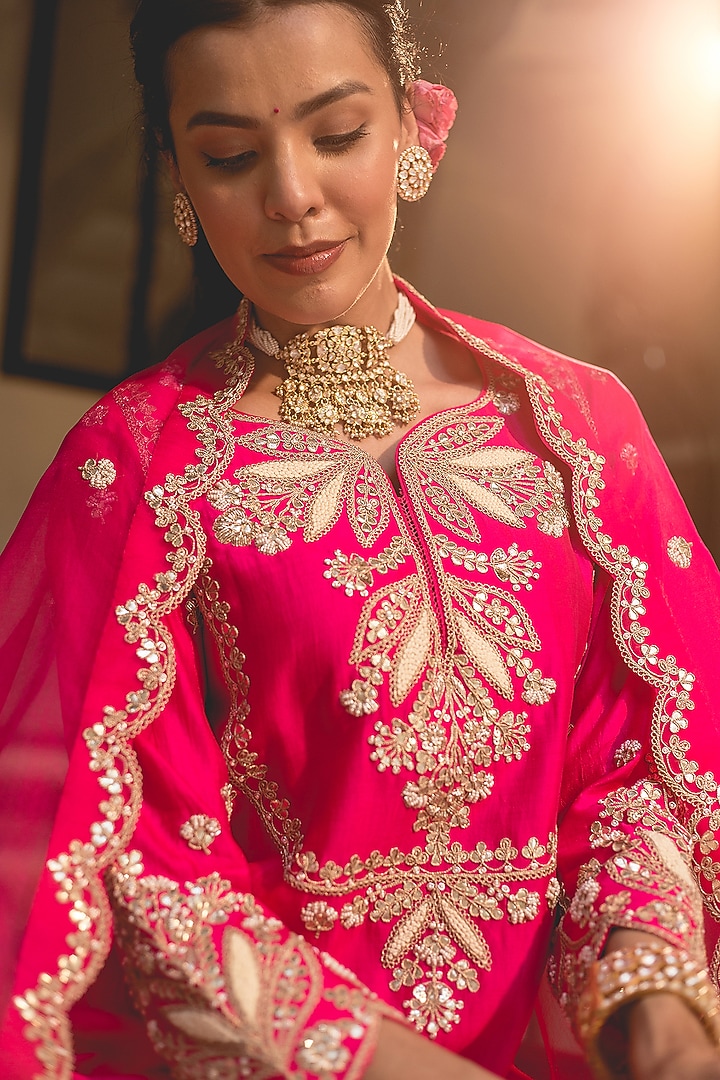 Hot Pink Pure Spun Silk Pearl Work Kurta Set by SURBHI SHAH at Pernia's Pop Up Shop