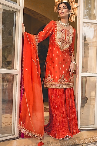 Orange Kora Silk Sharara Set by SURBHI SHAH