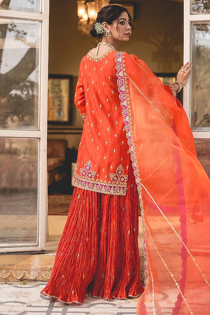 Orange Kora Silk Wedding Sharara Set by SURBHI SHAH at Pernia's Pop Up Shop