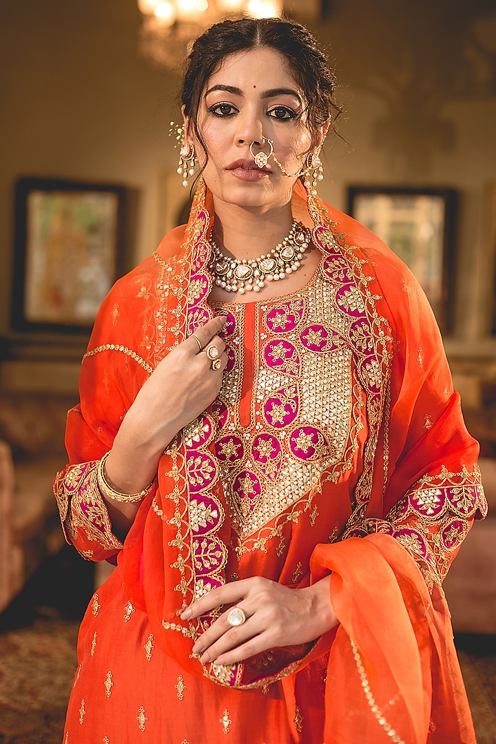 Orange Kora Silk Wedding Sharara Set by SURBHI SHAH at Pernia's Pop Up Shop