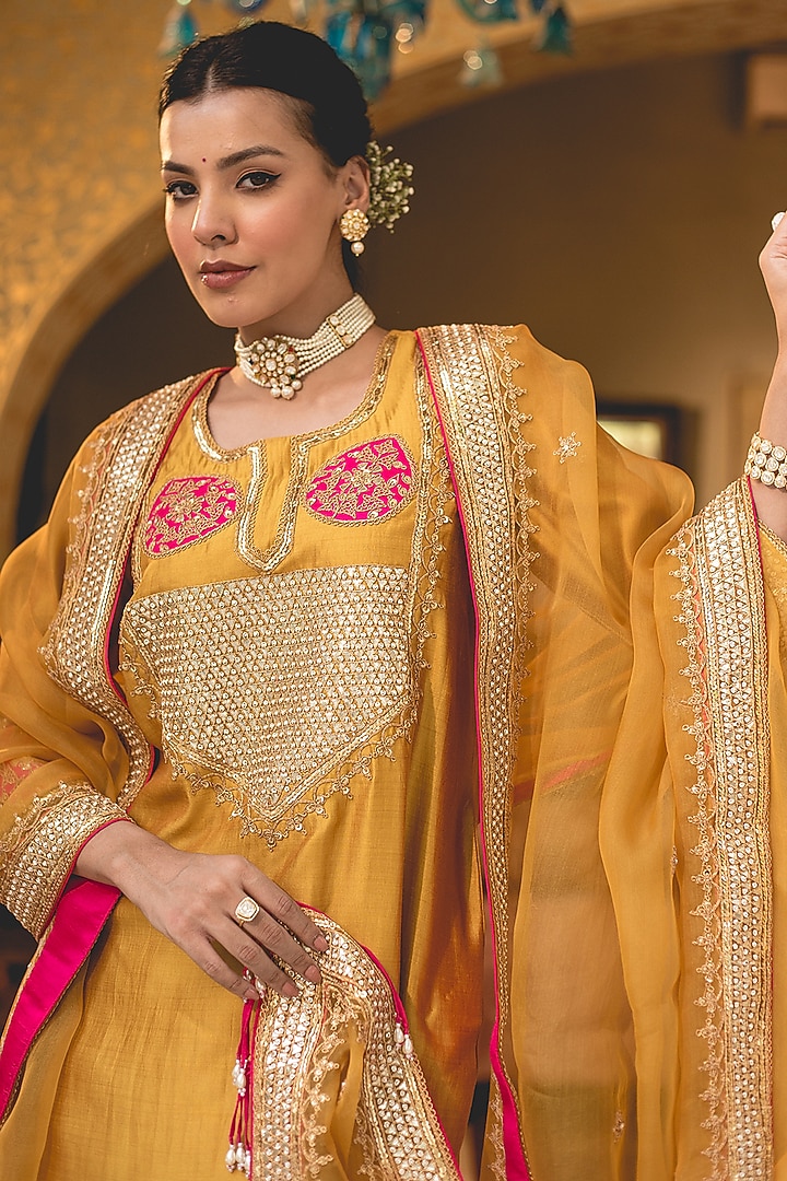 Mustard Yellow Spun Silk Patchwork Kurta Set by SURBHI SHAH at Pernia's Pop Up Shop