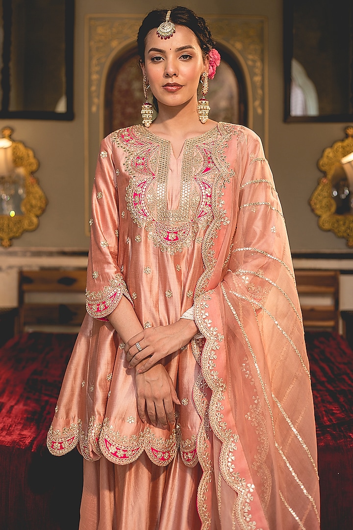 Old Rose Pure Spun Silk Marori Work Wedding Anarkali Set by SURBHI SHAH at Pernia's Pop Up Shop