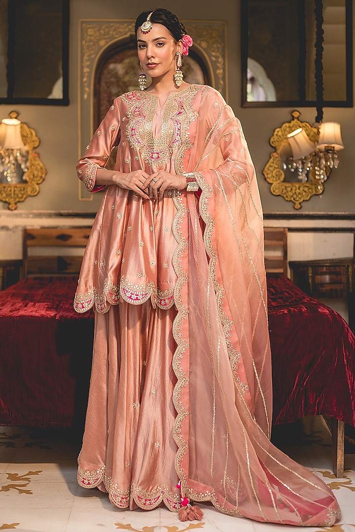 Old Rose Pure Spun Silk Marori Work Wedding Anarkali Set by SURBHI SHAH at Pernia's Pop Up Shop