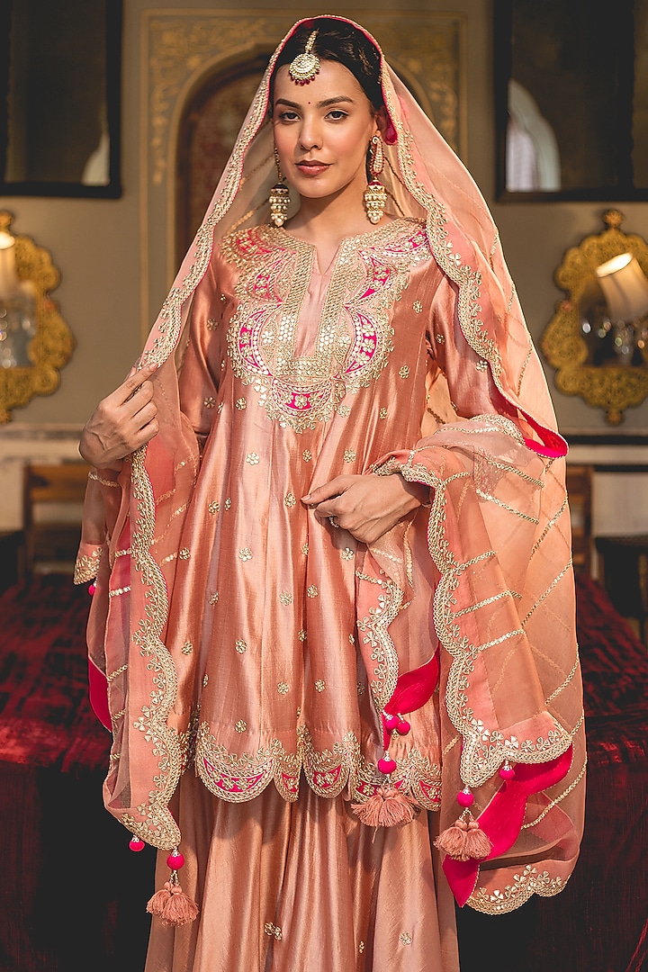 Old Rose Pure Spun Silk Marori Work Wedding Anarkali Set by SURBHI SHAH at Pernia's Pop Up Shop