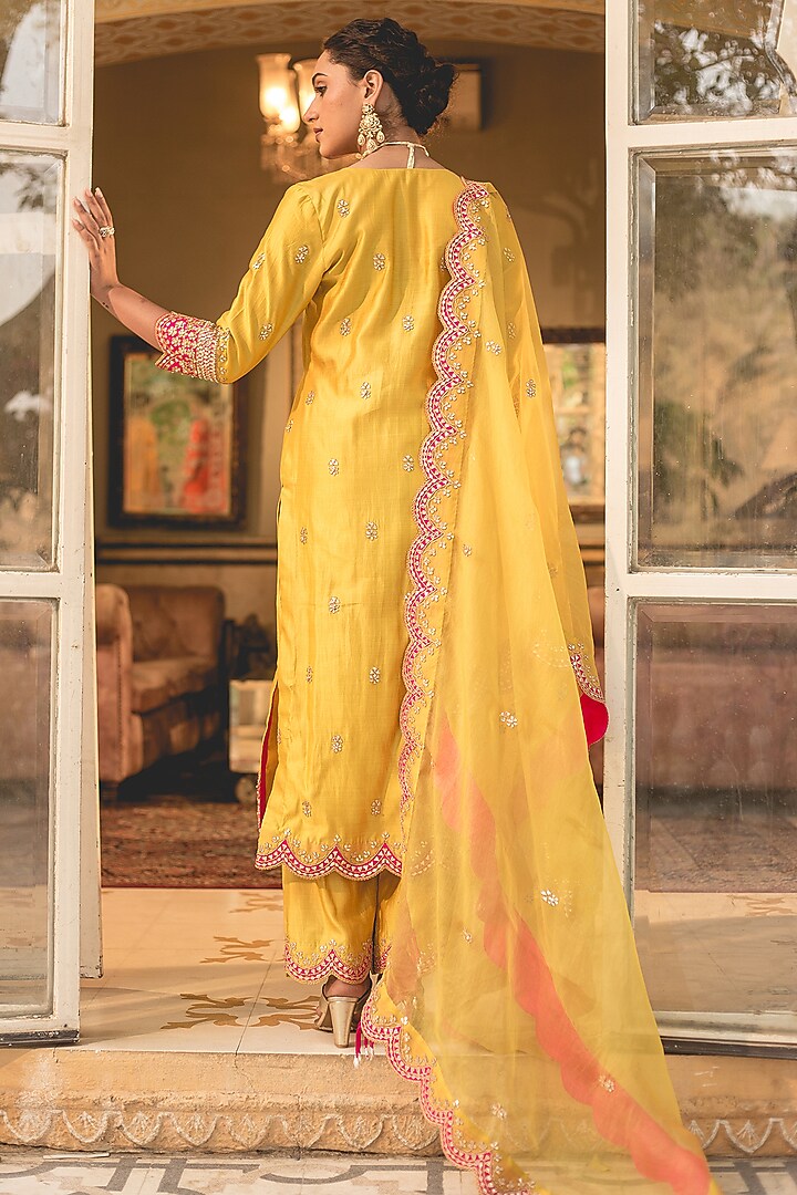 Lime Spun Silk Marori Work Kurta Set by SURBHI SHAH at Pernia's Pop Up Shop