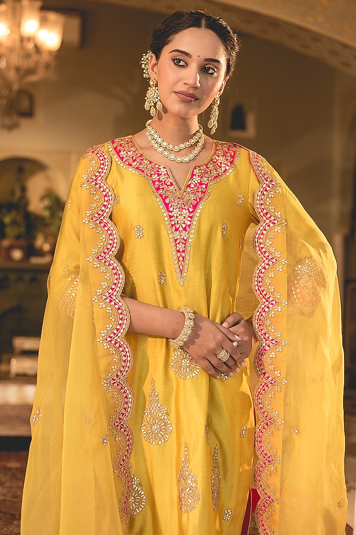 Lime Spun Silk Marori Work Kurta Set by SURBHI SHAH at Pernia's Pop Up Shop