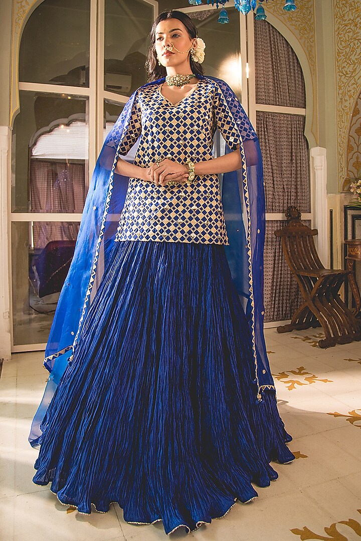Midnight Blue Pure Spun Silk Crushed Skirt Set by SURBHI SHAH at Pernia's Pop Up Shop