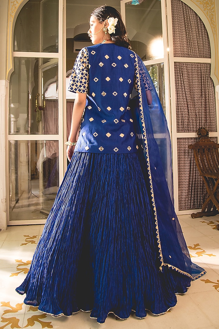 Midnight Blue Pure Spun Silk Crushed Skirt Set by SURBHI SHAH at Pernia's Pop Up Shop