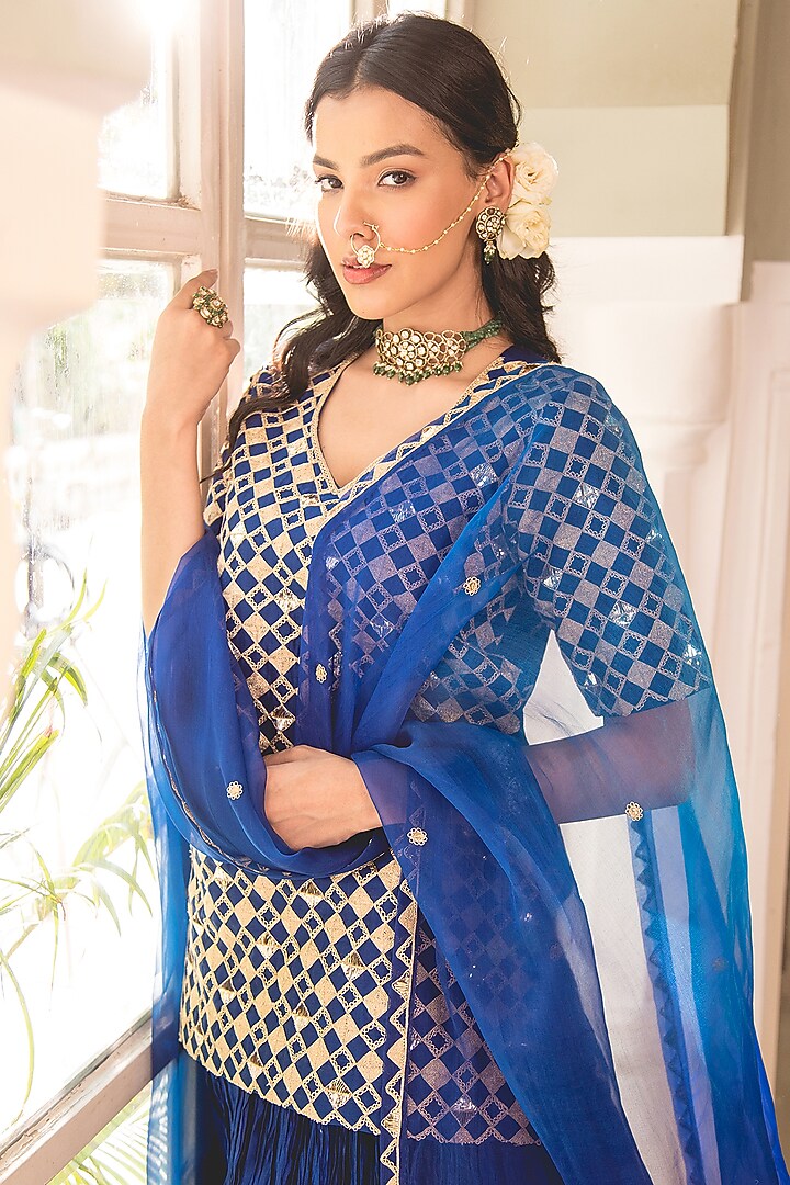 Midnight Blue Pure Spun Silk Crushed Skirt Set by SURBHI SHAH at Pernia's Pop Up Shop