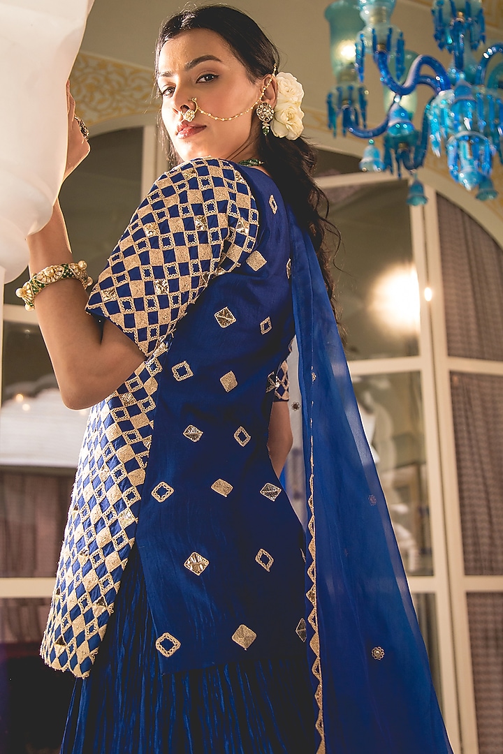 Midnight Blue Pure Spun Silk Crushed Skirt Set by SURBHI SHAH at Pernia's Pop Up Shop