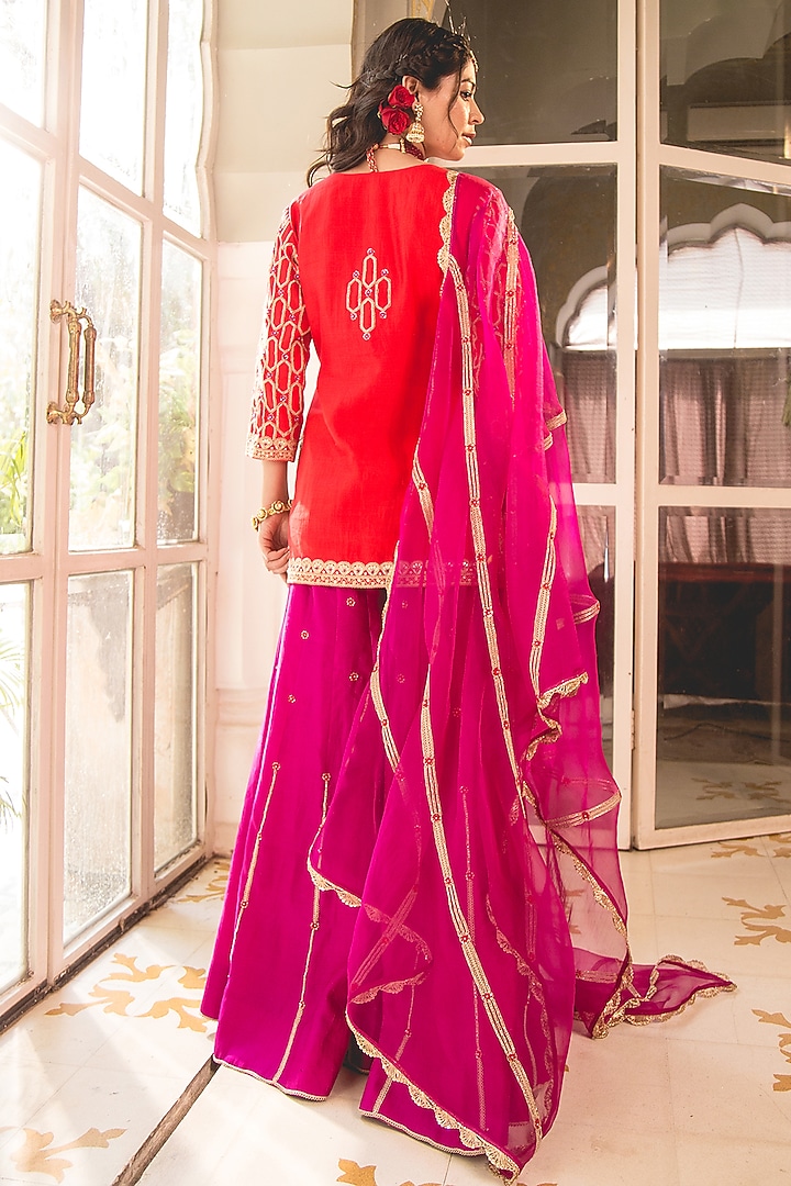 Magenta Pure Spun Silk Wedding Sharara Set by SURBHI SHAH at Pernia's Pop Up Shop