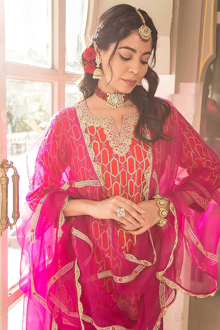 Magenta Pure Spun Silk Wedding Sharara Set by SURBHI SHAH at Pernia's Pop Up Shop