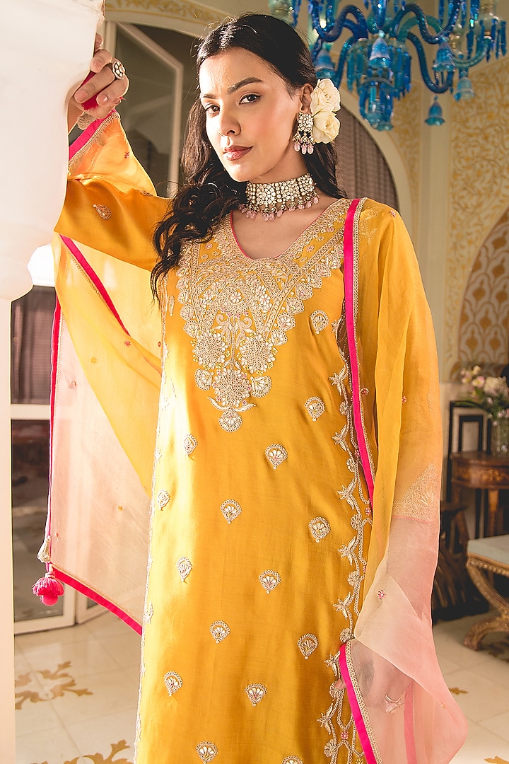 Mustard Yellow Spun Silk Marori Cutdana work Kurta Set by SURBHI SHAH at Pernia's Pop Up Shop