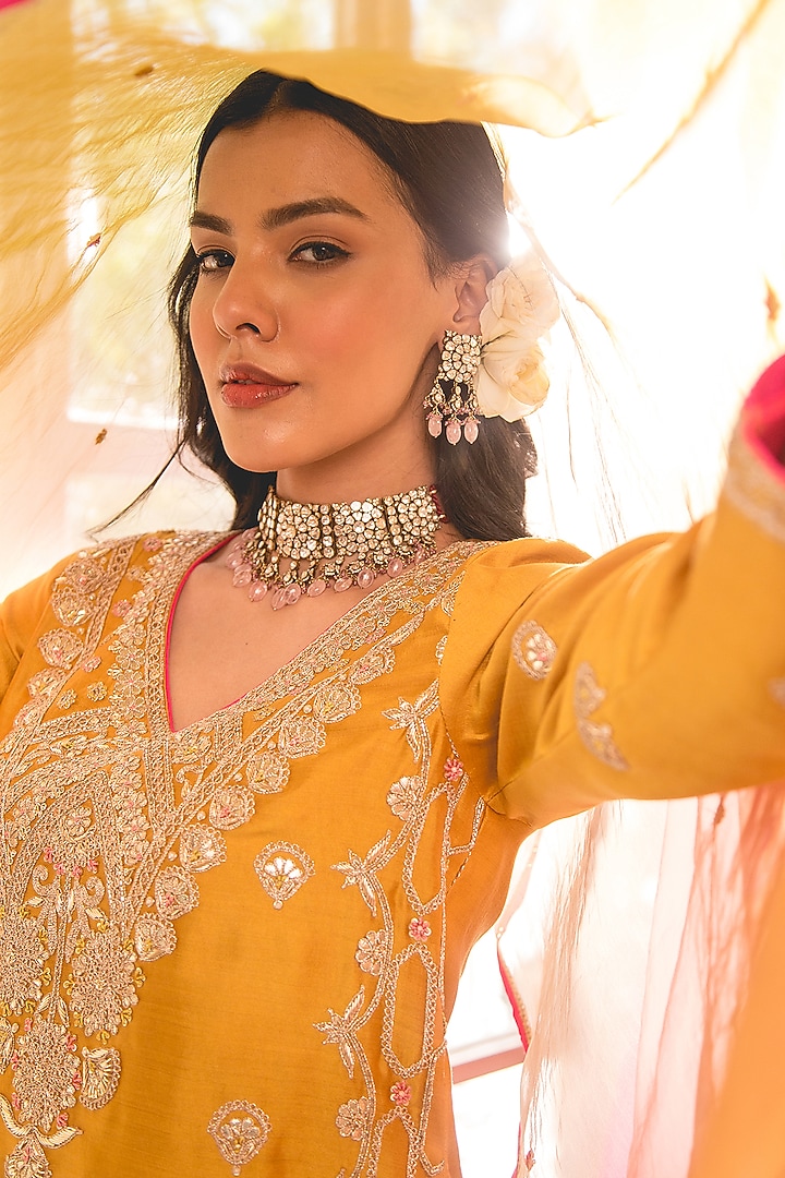 Mustard Yellow Spun Silk Marori Cutdana work Kurta Set by SURBHI SHAH at Pernia's Pop Up Shop