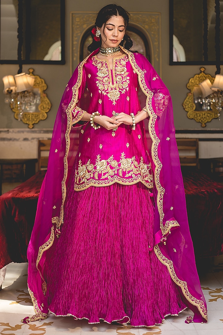 Magenta Kora Silk Crushed Skirt Set by SURBHI SHAH at Pernia's Pop Up Shop