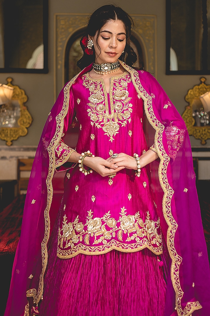 Magenta Kora Silk Crushed Skirt Set by SURBHI SHAH at Pernia's Pop Up Shop