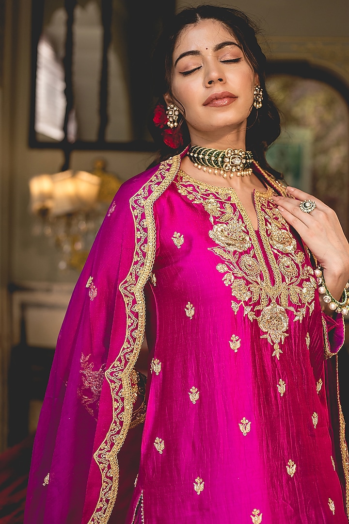 Magenta Kora Silk Crushed Skirt Set by SURBHI SHAH at Pernia's Pop Up Shop