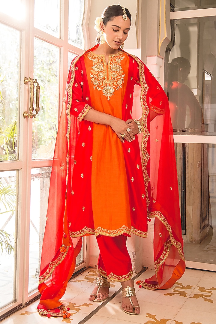 Orange-Red Pure Spun Silk Kurta Set by SURBHI SHAH at Pernia's Pop Up Shop