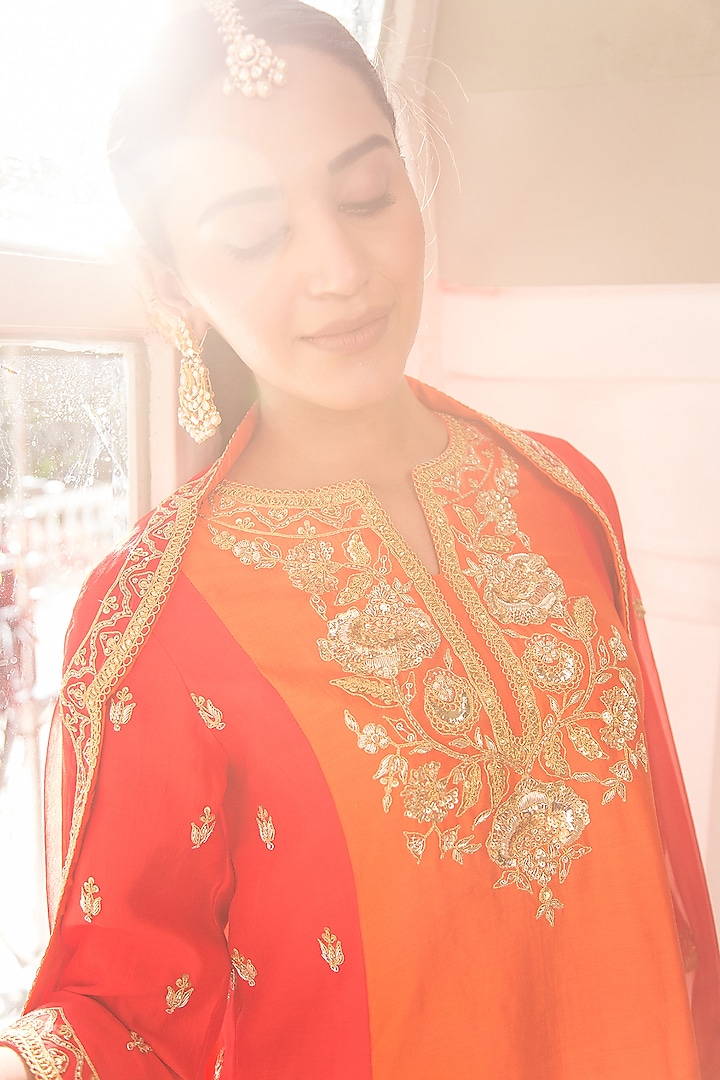 Orange-Red Pure Spun Silk Kurta Set by SURBHI SHAH at Pernia's Pop Up Shop