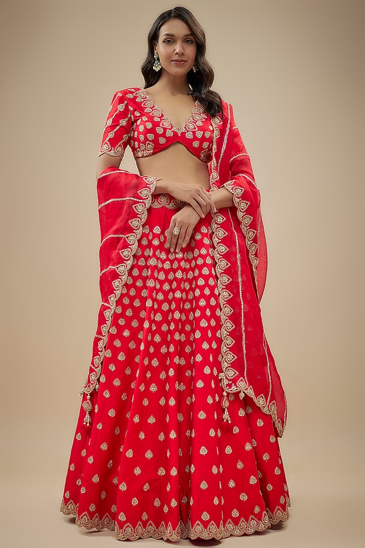 Red Spun Silk Pearl & Zardosi Embroidered Bridal Lehenga Set by SURBHI SHAH at Pernia's Pop Up Shop