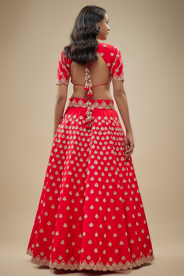 Red Spun Silk Pearl & Zardosi Embroidered Bridal Lehenga Set by SURBHI SHAH at Pernia's Pop Up Shop