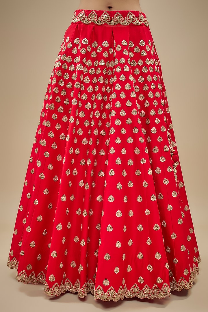 Red Spun Silk Pearl & Zardosi Embroidered Bridal Lehenga Set by SURBHI SHAH at Pernia's Pop Up Shop
