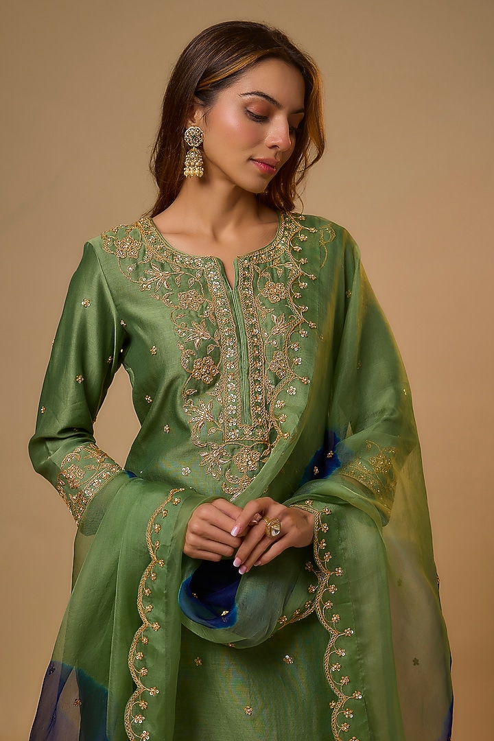 Powder Sage Green Chanderi Sequins Work Wedding Sharara Set by SURBHI SHAH at Pernia's Pop Up Shop