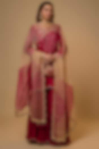 Maroon Chanderi Zardosi Work Wedding Sharara Set by SURBHI SHAH at Pernia's Pop Up Shop