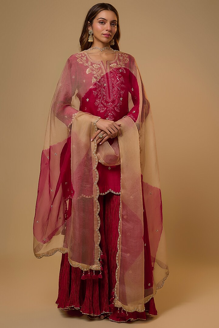 Maroon Chanderi Zardosi Work Wedding Sharara Set by SURBHI SHAH at Pernia's Pop Up Shop