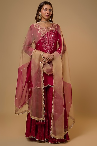 Maroon Chanderi Zardosi Work Sharara Set by SURBHI SHAH