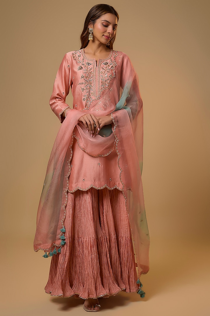 Peach Chanderi Zardosi Work Wedding Sharara Set by SURBHI SHAH at Pernia's Pop Up Shop
