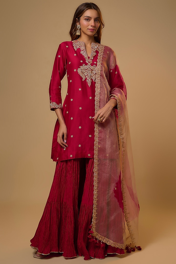 Maroon Chanderi Sequins Work Wedding Sharara Set by SURBHI SHAH at Pernia's Pop Up Shop