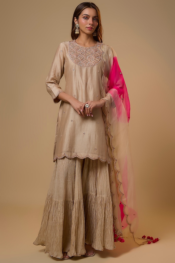 Pearl White Chanderi Sequins Work Wedding Sharara Set by SURBHI SHAH at Pernia's Pop Up Shop