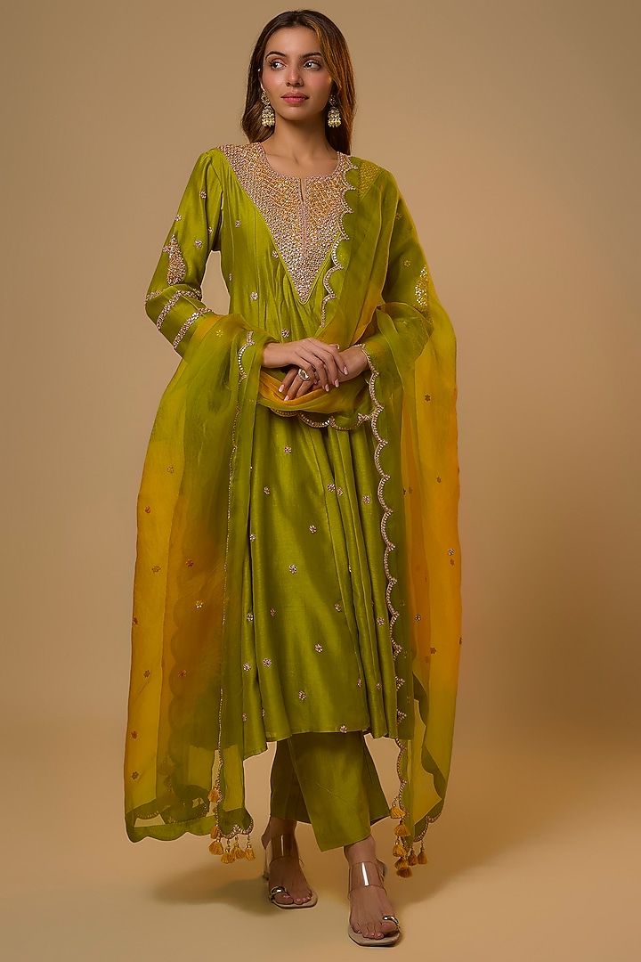 Parrot Green Chanderi Gota-Patti Work Kurta Set by SURBHI SHAH at Pernia's Pop Up Shop