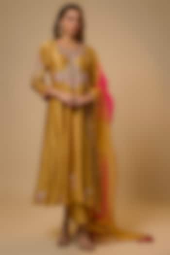 Golden Yellow Chanderi Gota-Patti Work Wedding Anarkali Set by SURBHI SHAH at Pernia's Pop Up Shop