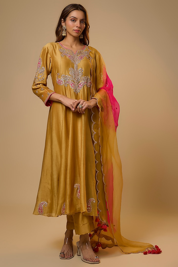 Golden Yellow Chanderi Gota-Patti Work Wedding Anarkali Set by SURBHI SHAH at Pernia's Pop Up Shop