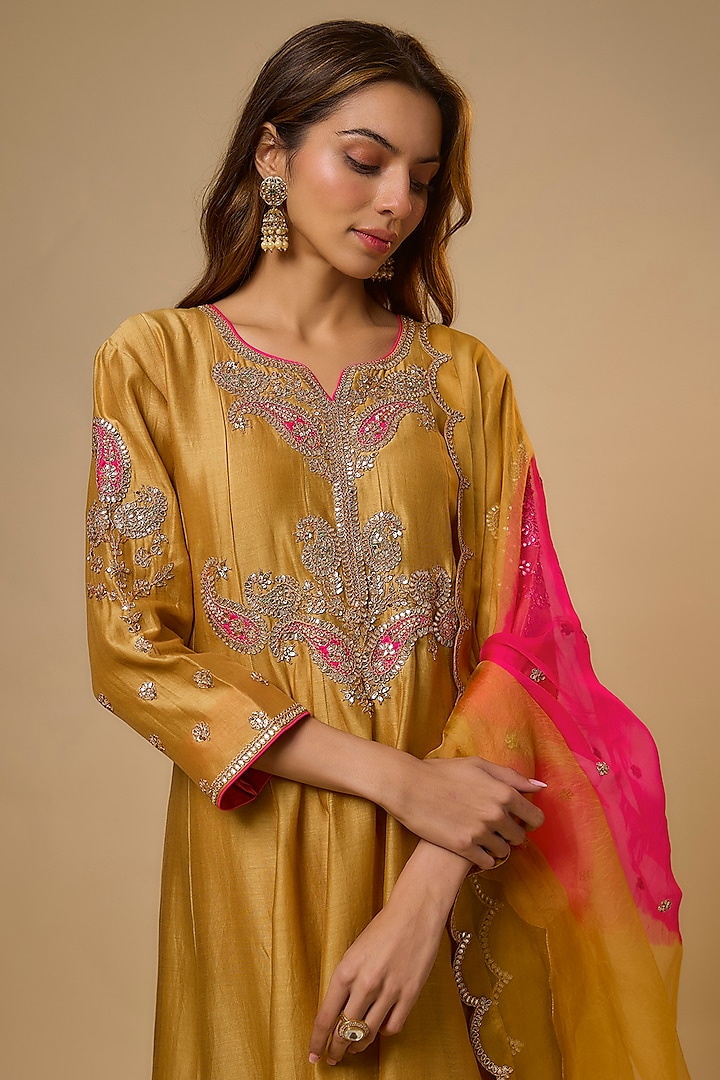 Golden Yellow Chanderi Gota-Patti Work Wedding Anarkali Set by SURBHI SHAH at Pernia's Pop Up Shop